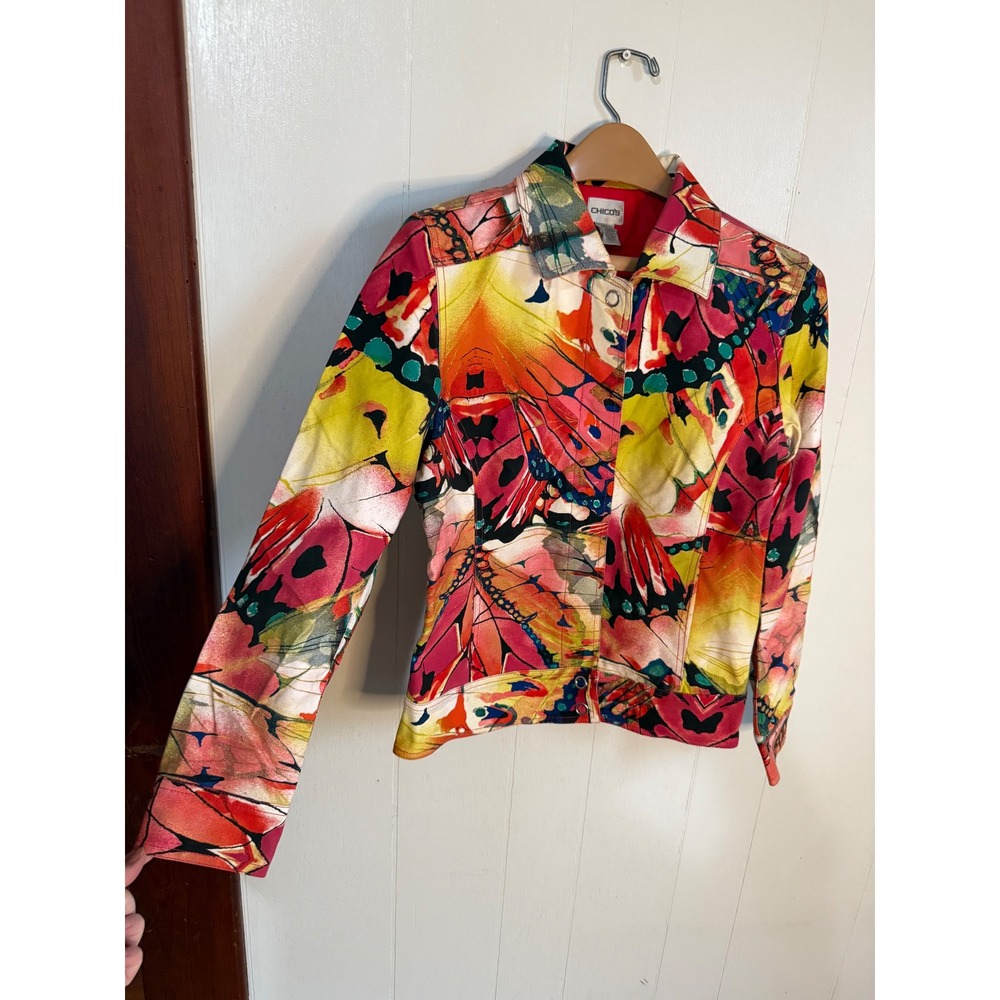 Chico's Multicolor Floral Abstract Jacket - Pink, Yellow, Green, Black